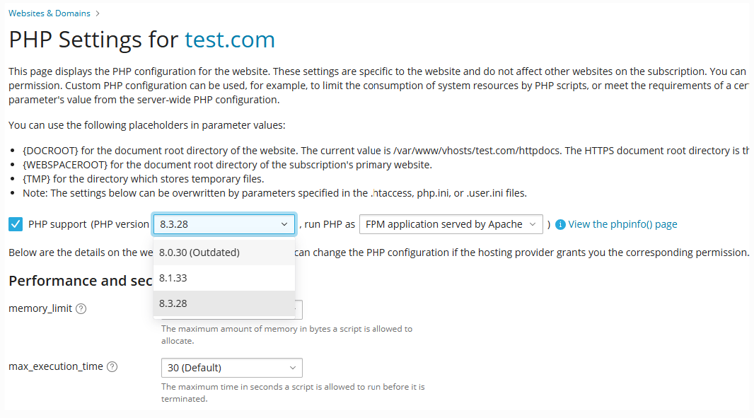 php settings