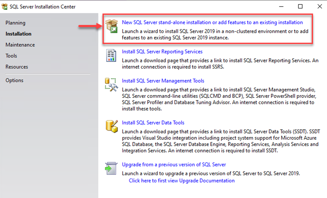 New SQL server stand-alone installation or add features to an existing installation