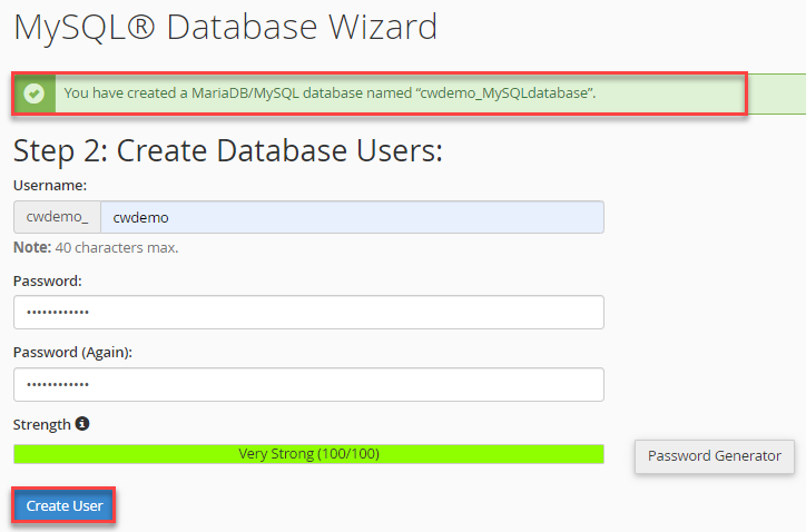 create database users
