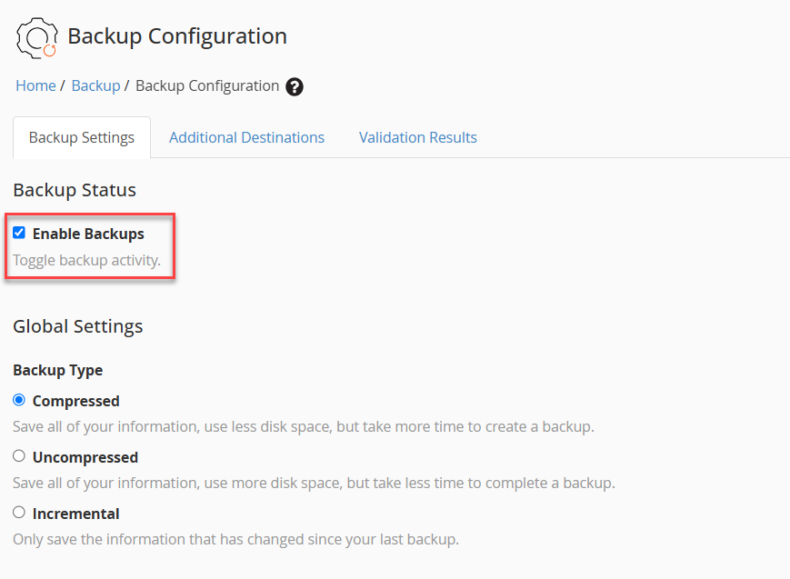 enable backups enable backups